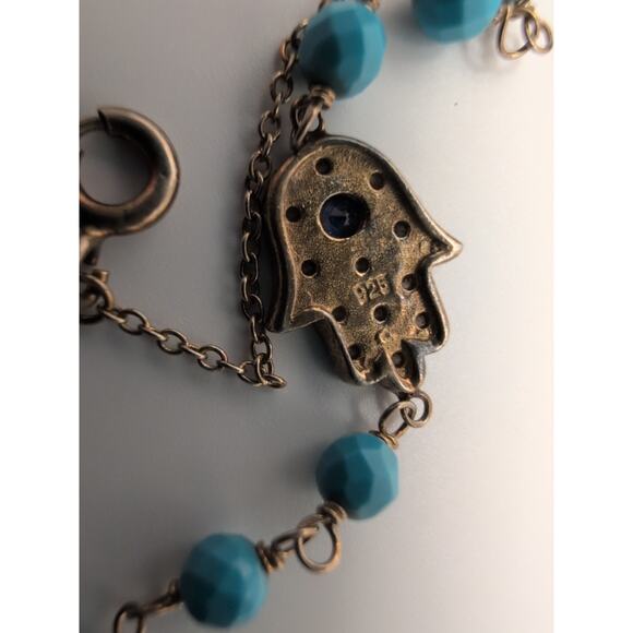 925 Vtg Hamas Hand Of Fatimata Evil Eye Blue beveled Beads Goldtone bracelet - Picture 7 of 11